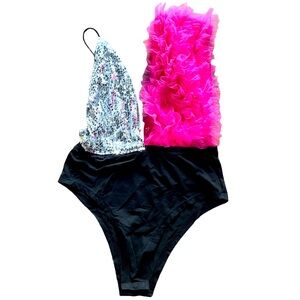 Hot pink body suit with ruffles and sequins bodysuit L